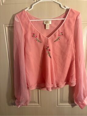 Victoria's Secret Pink Sheer Embroidered V-Neck Blouse Y2K Girly Whimsy size P